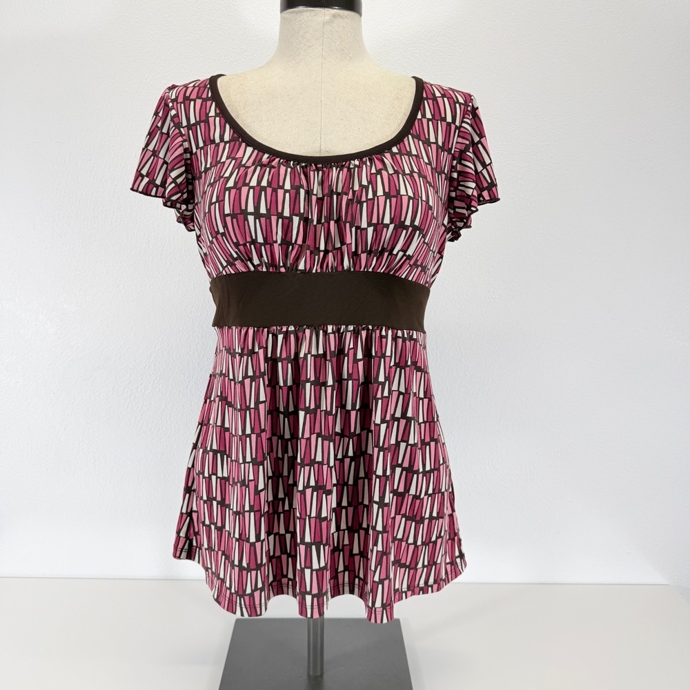 Vintage Y2K AB Studio Geometric Babydoll Empire Waist Blouse Pink Brown Size M